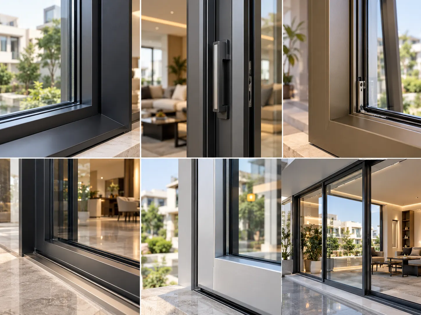 Close-up of aluminium window sections, powder-coated finishes and hardware in a modern Zirakpur home