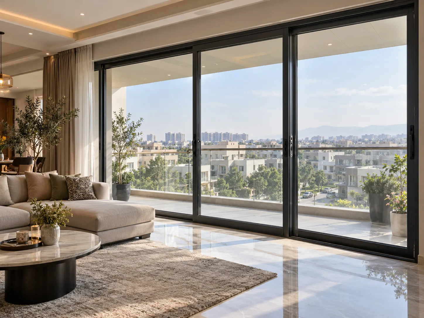 Large aluminium sliding window system with slim frames and premium hardware in a modern Zirakpur home