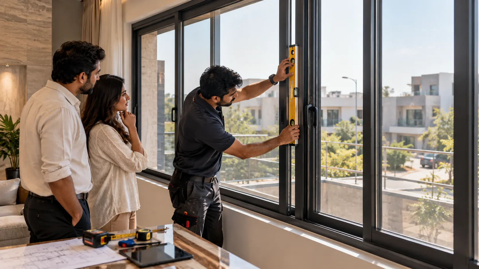 Professional installer checking aluminium sliding window alignment with homeowners at a modern Zirakpur residence