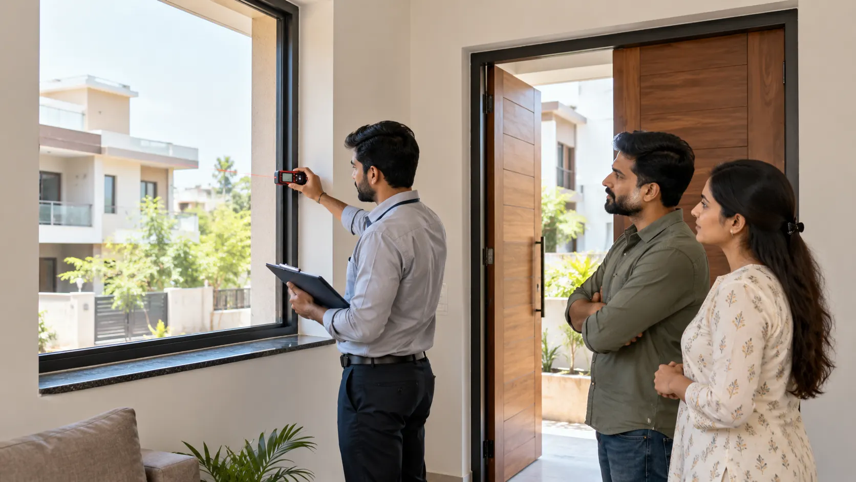 Window consultant measuring uPVC window and door openings at a residential property in Kharar