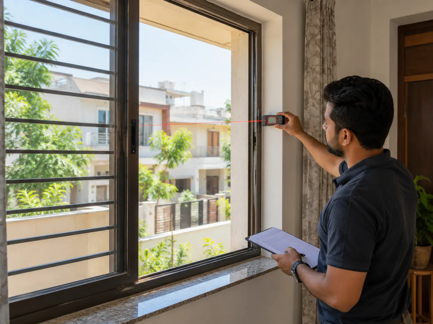Professional measuring an aluminium window opening at a residential property in Kurali