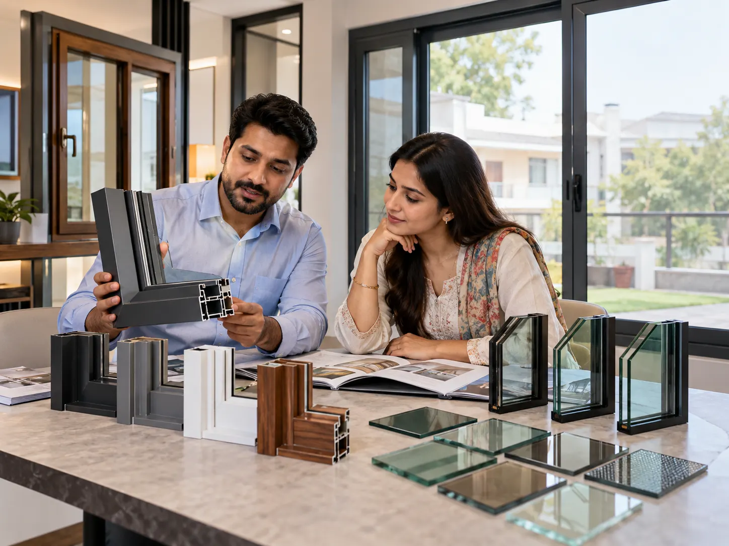 Homeowner reviewing aluminium window frame finishes and glazing options before ordering