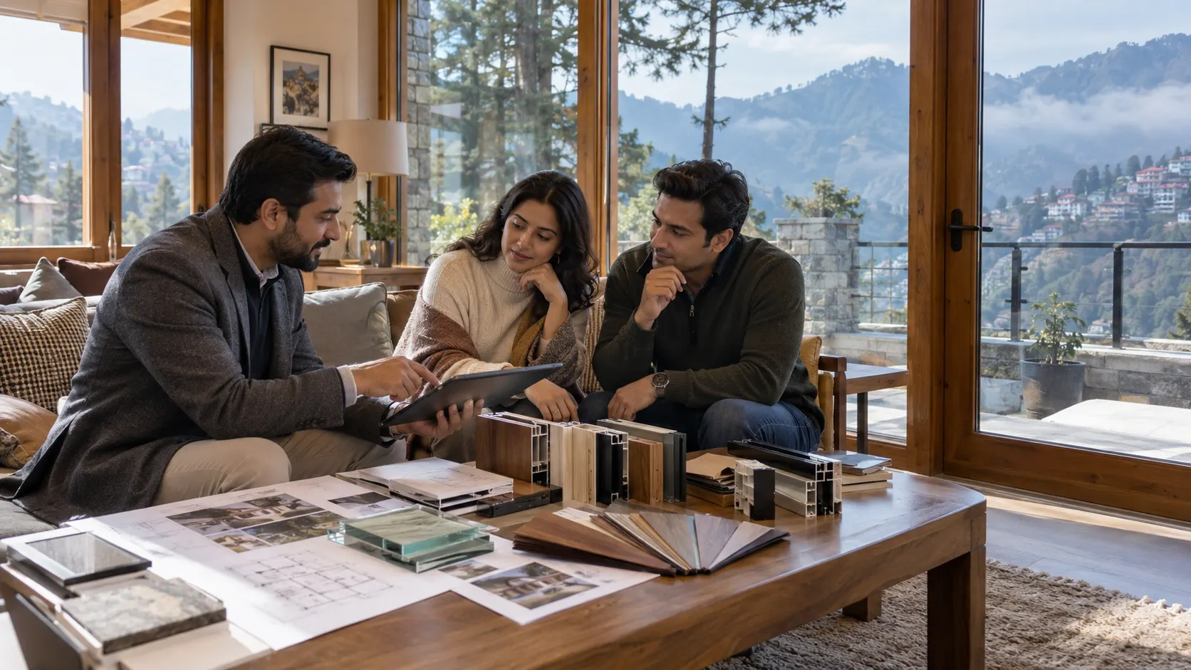 Homeowners discussing window and door design options with a consultant in a Shimla home