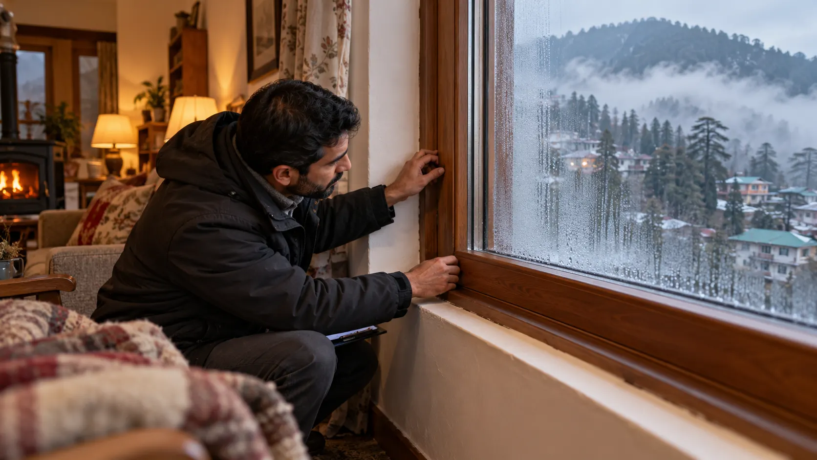 Window consultant inspecting draught and condensation issues in a Shimla hill home