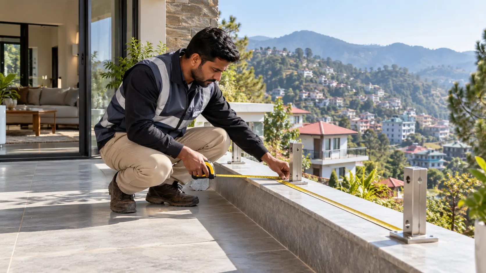 Glass railing fittings and style options including frameless hardware and glass panel details for a Solan project
