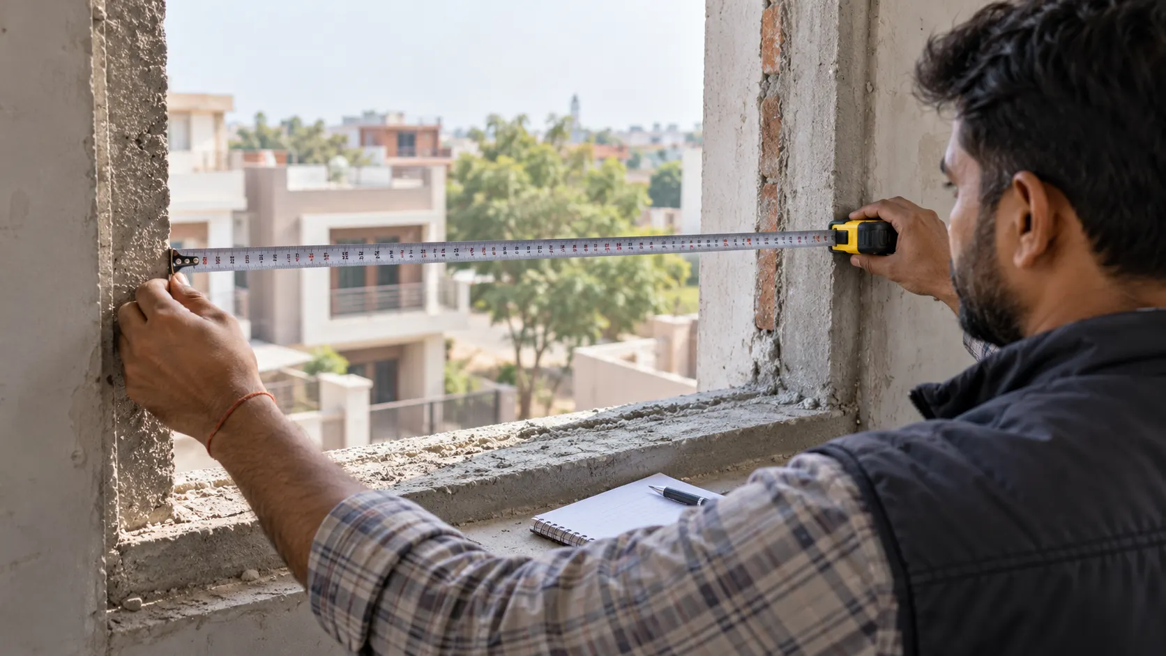Window specialist measuring the width of an unfinished masonry opening with a tape measure in a Mohali home.