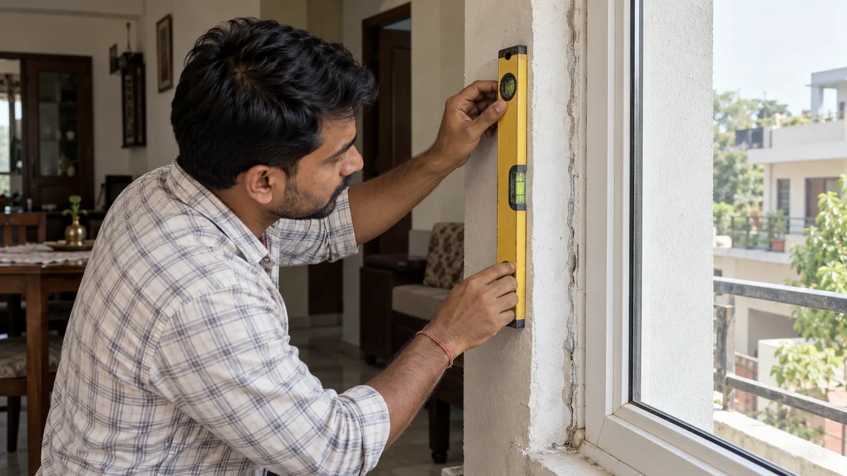 Specialist using a spirit level to check wall alignment beside an existing window and worn sealant.