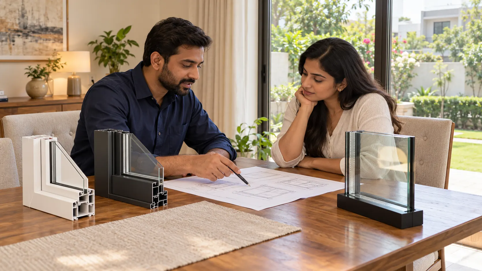 Homeowner and window specialist reviewing window sketches with uPVC, aluminium and double-glazed glass samples.