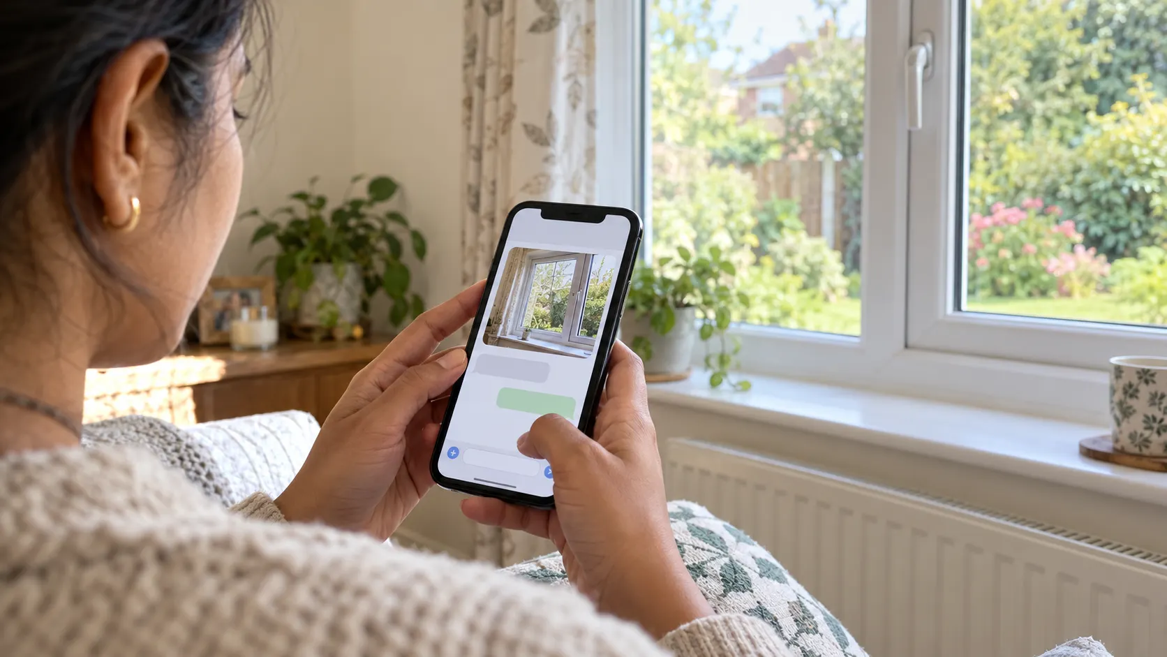 Homeowner sharing a window photograph through a smartphone messaging app.