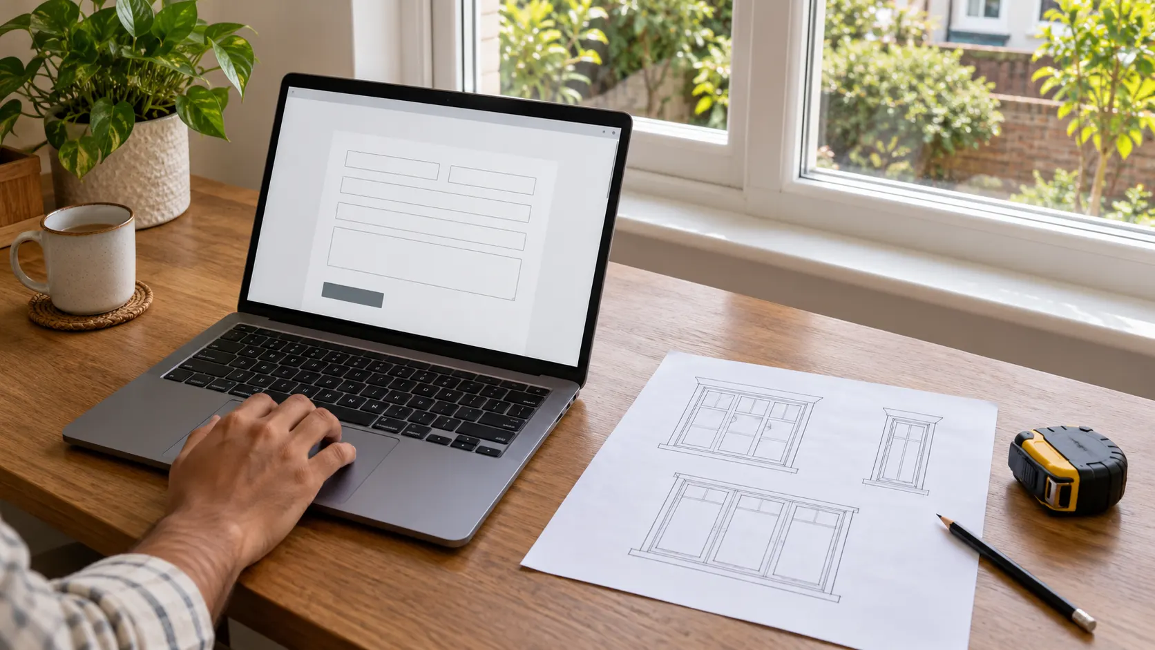 Homeowner using an online enquiry form beside window sketches and a tape measure.