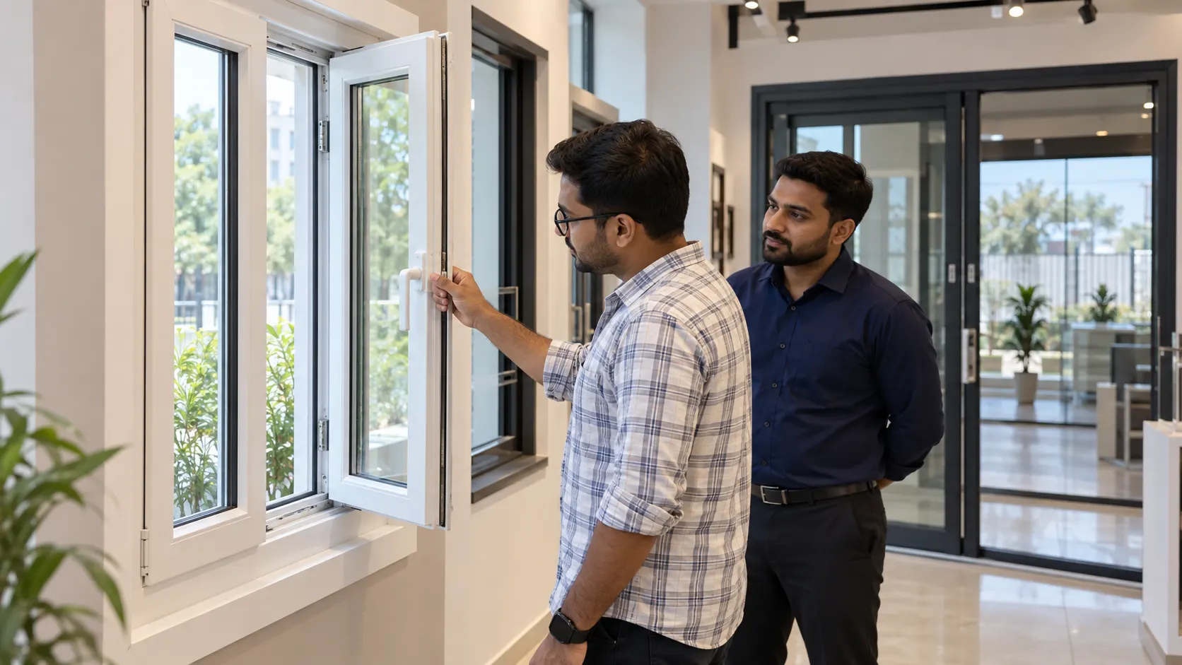 Customer testing a white uPVC casement window handle with a showroom specialist nearby.