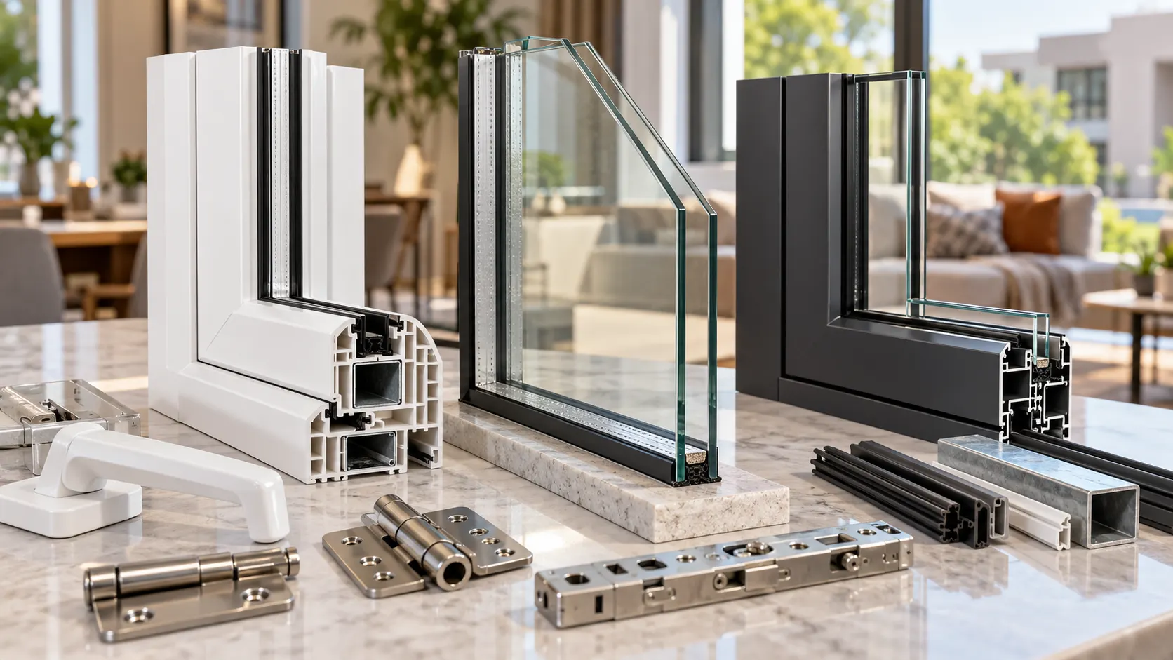 Double glazed window profile, glass, seals and hardware components used in uPVC and aluminium windows in Mohali