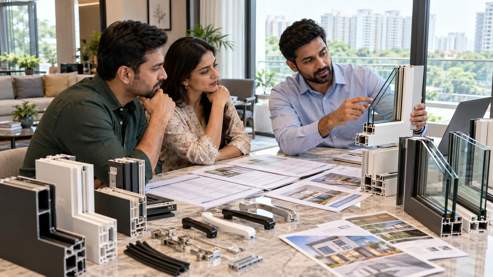 Homeowner comparing double glazed window quotations, glass, profiles and hardware with a consultant in Mohali