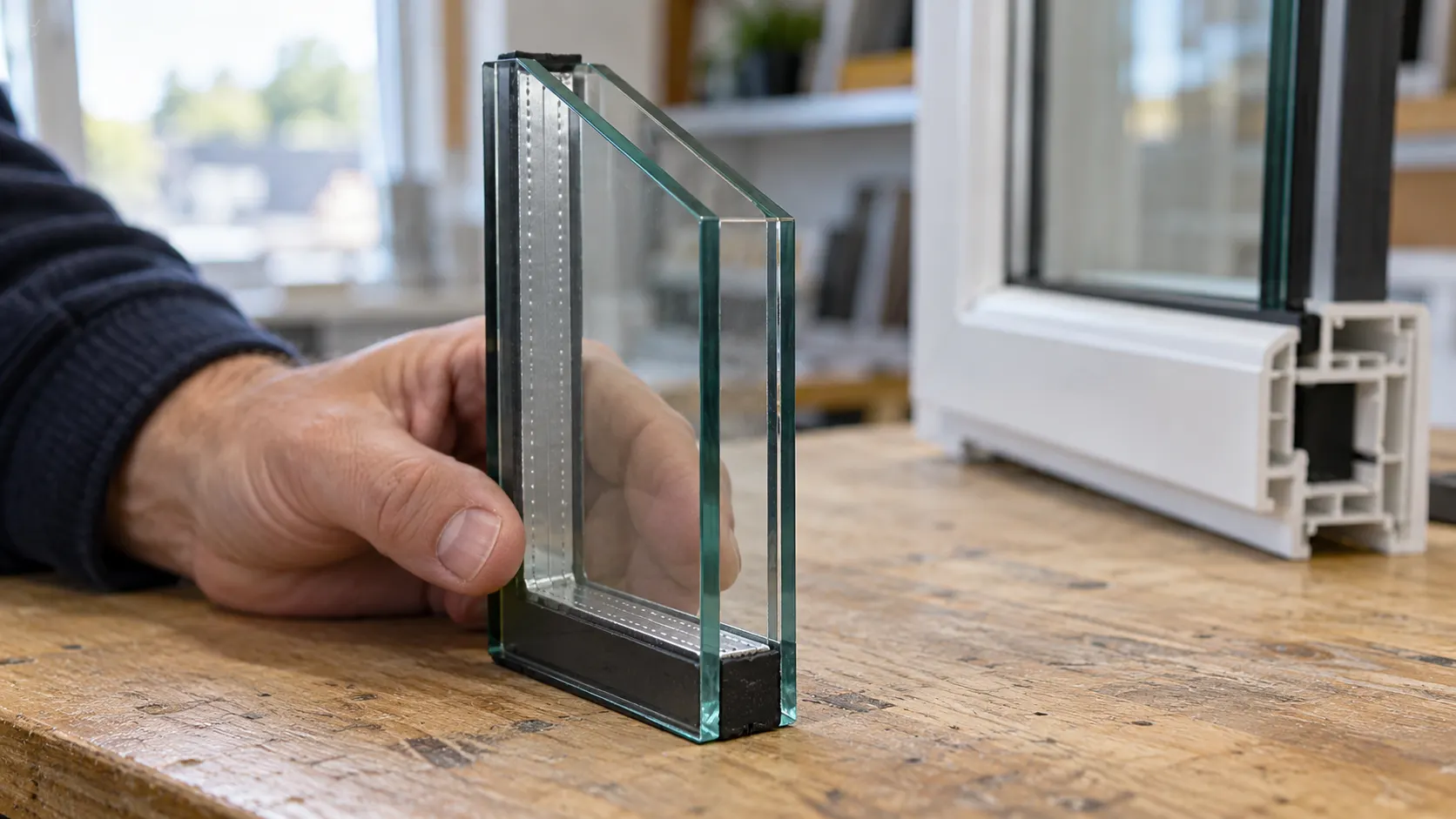 Close-up of a double-glazed glass sample showing the panes and spacer between them