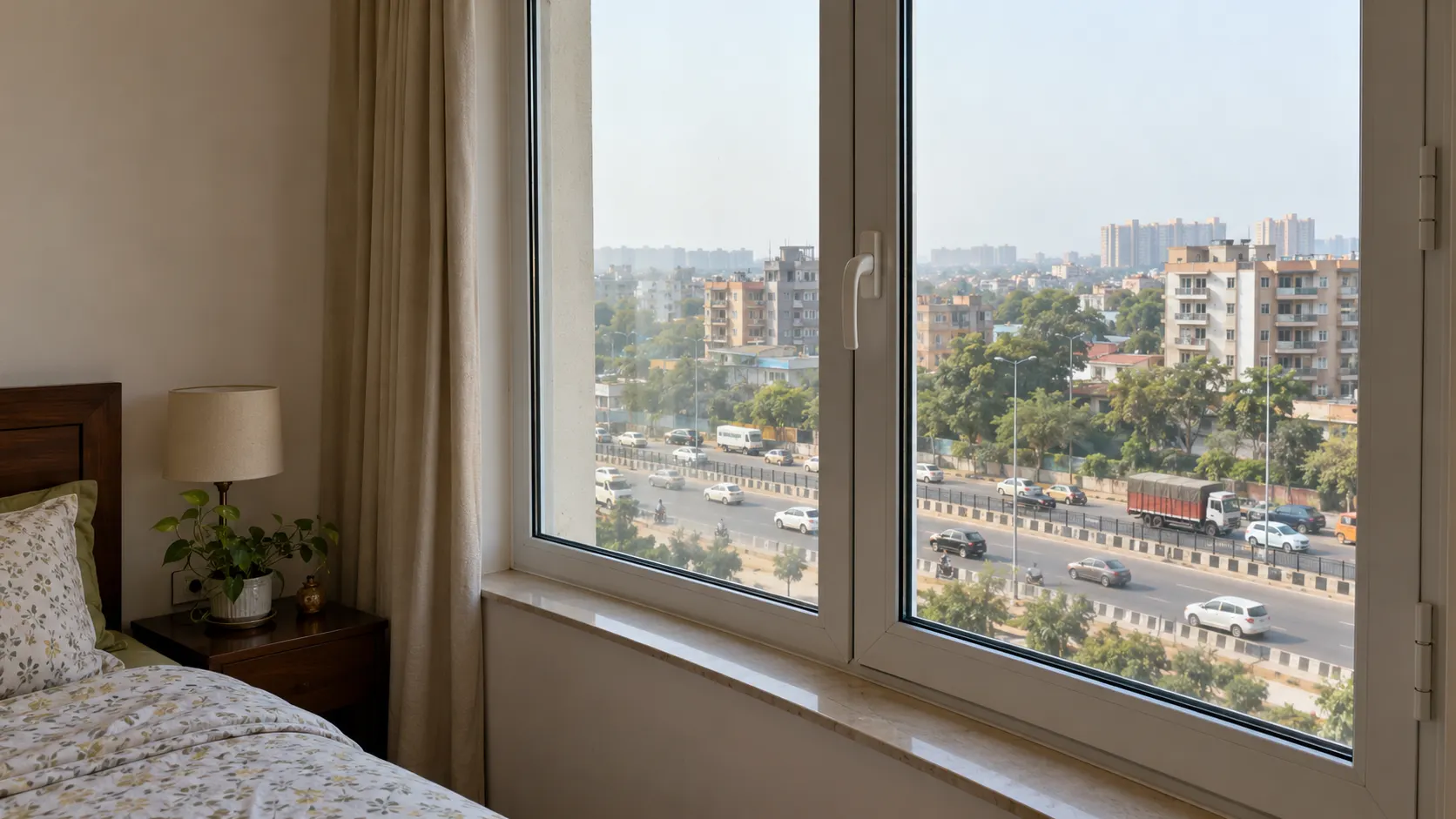 Close-up of a white uPVC casement window showing its rubber gasket and locking hardware