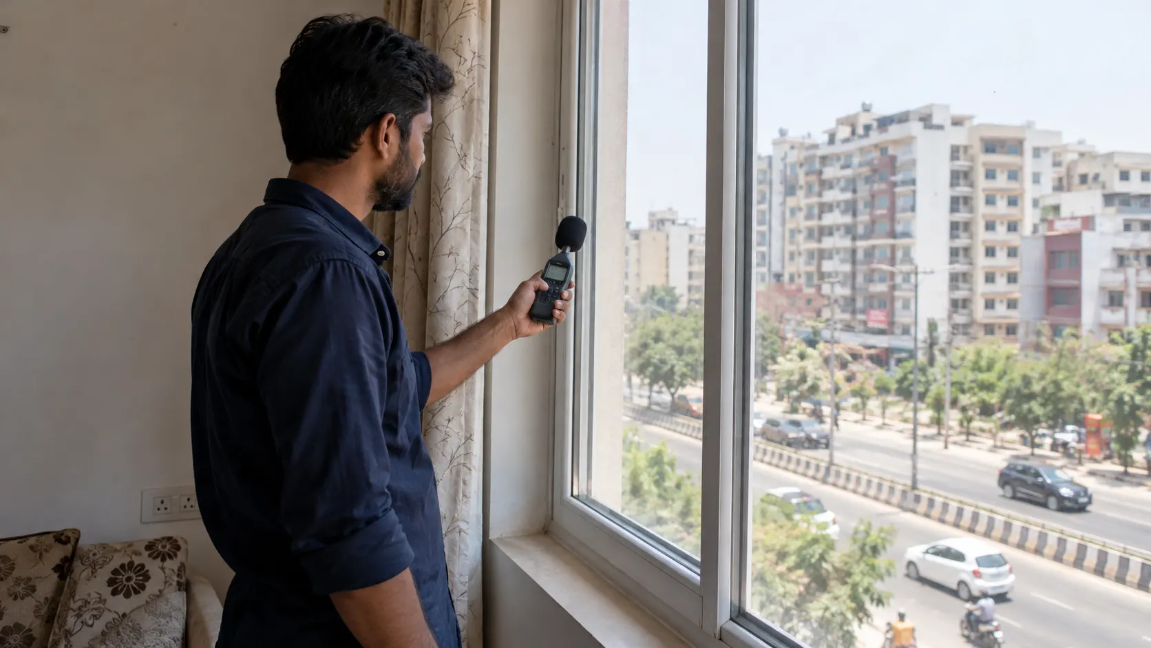 Technician using a handheld sound level meter beside a road-facing apartment window