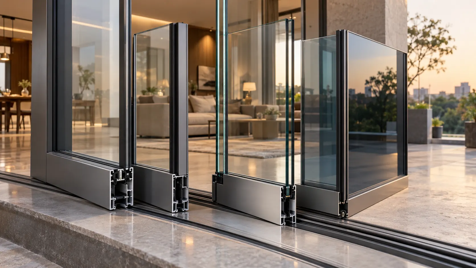 Aluminium sliding door profile and glass options showing slim frames, glazing and track details