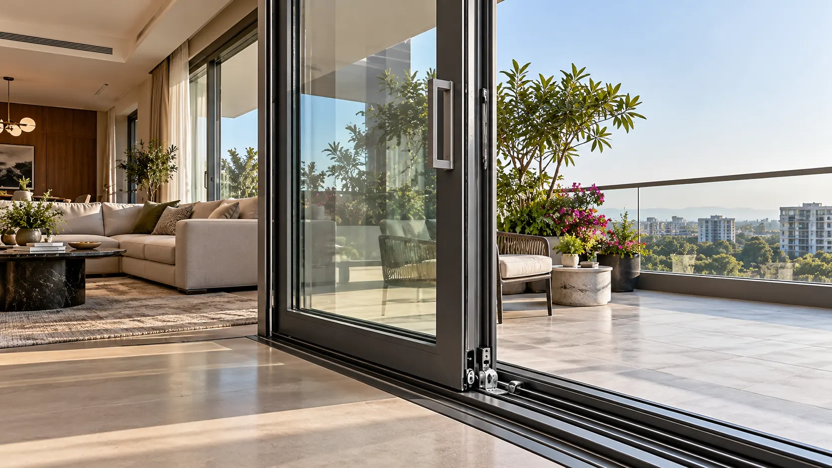 Premium aluminium sliding door opening from a modern Chandigarh living room to a balcony