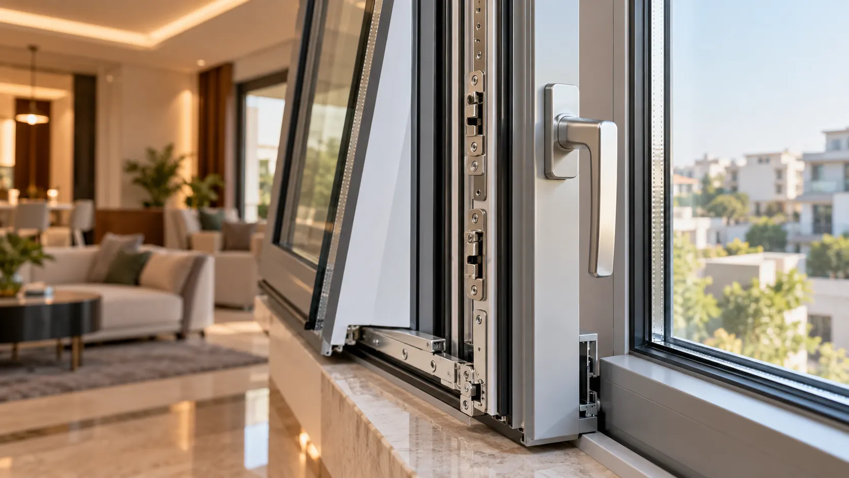 Close-up of tilt and turn window hardware, locking points and handle mechanism