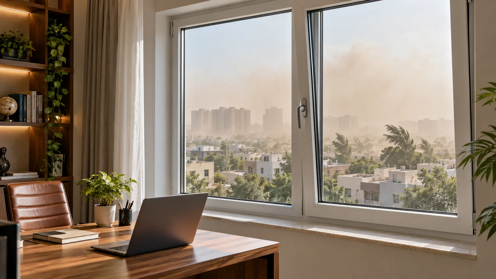 Tilt and turn window providing controlled ventilation in a modern Mohali home office
