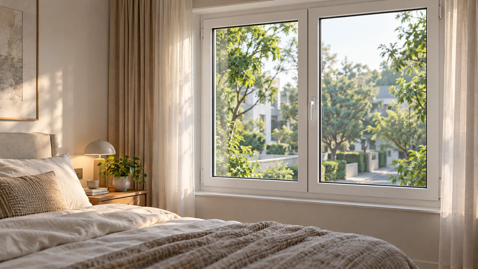 White uPVC bedroom window beside neutral curtains and a furnished bed