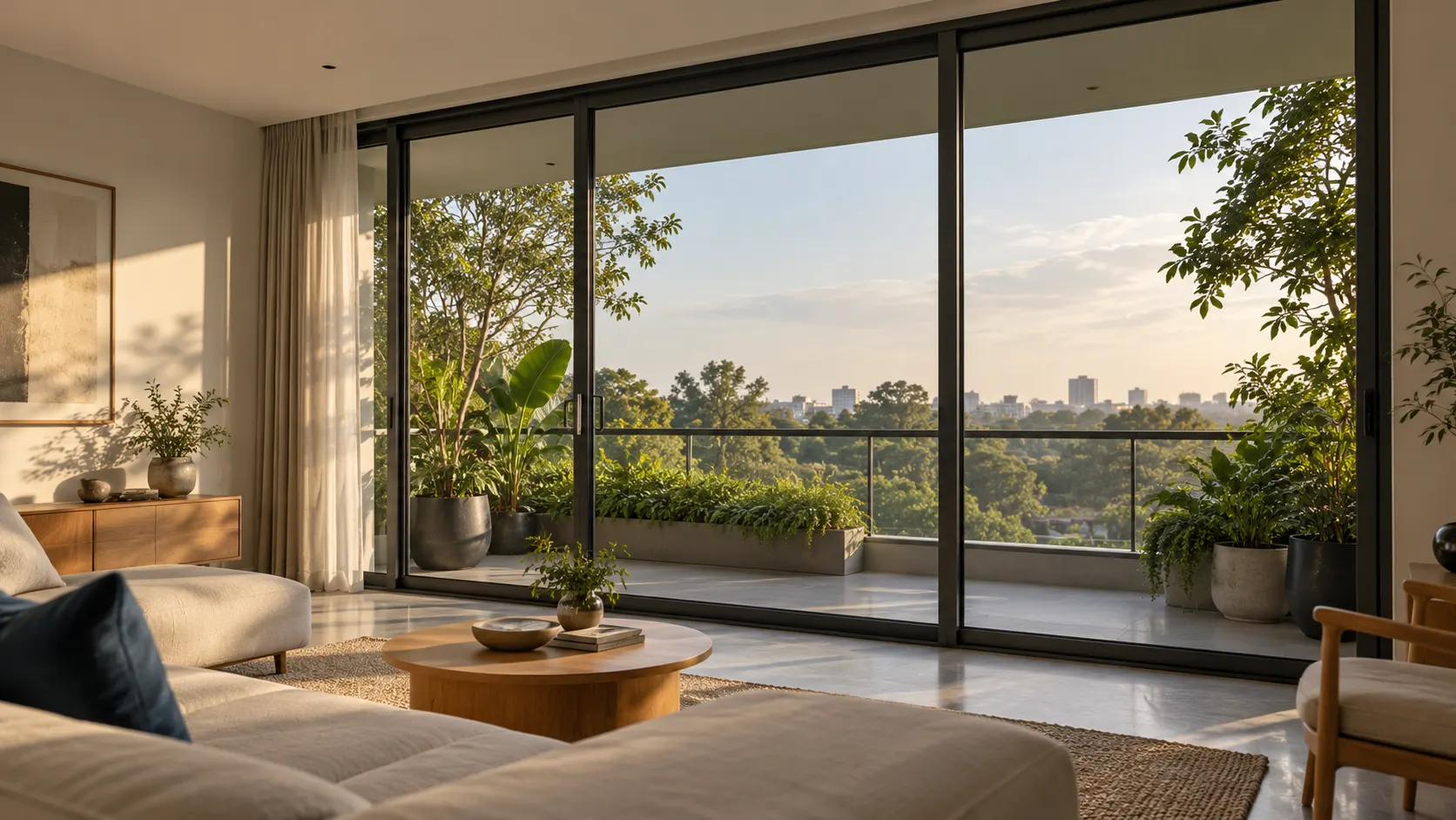 Charcoal aluminium sliding glazing overlooking a leafy balcony