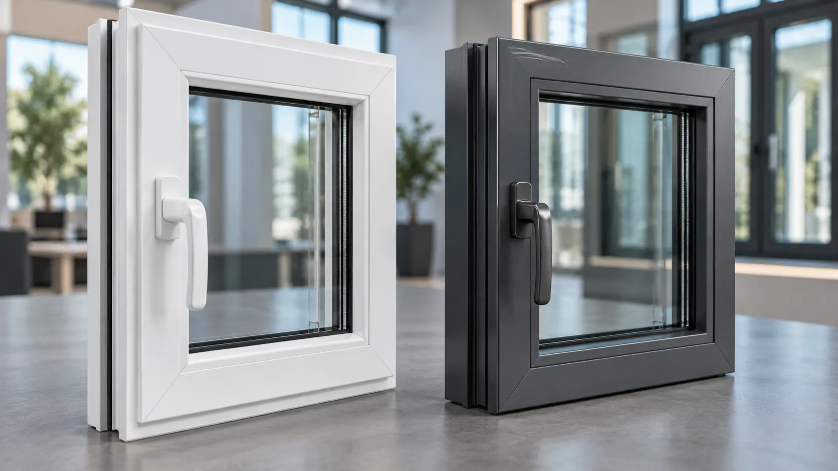 White and charcoal window samples showing handles, glass and perimeter seals