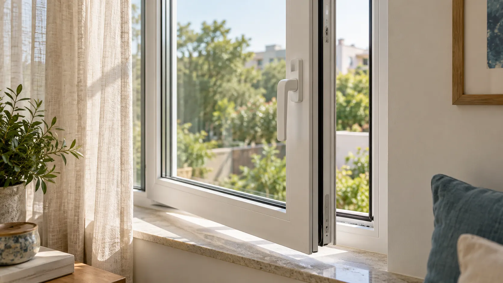 White uPVC bedroom window beside an oak bedside table and sage bedding