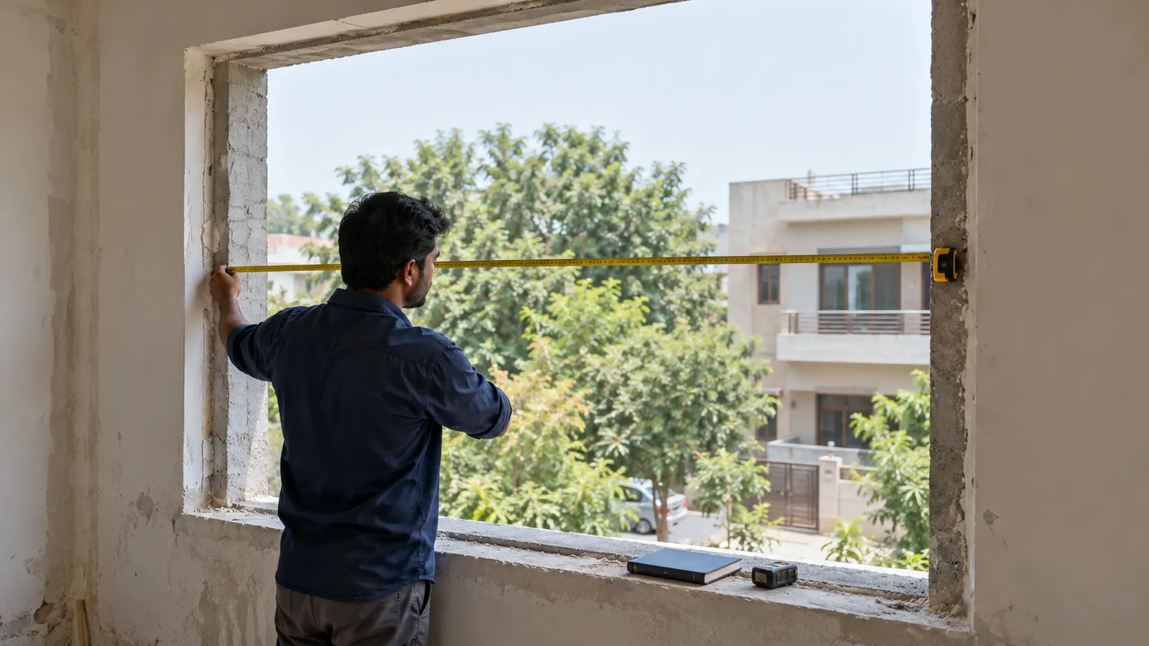 Technician measuring the width of an unfinished window opening before aluminium frame installation