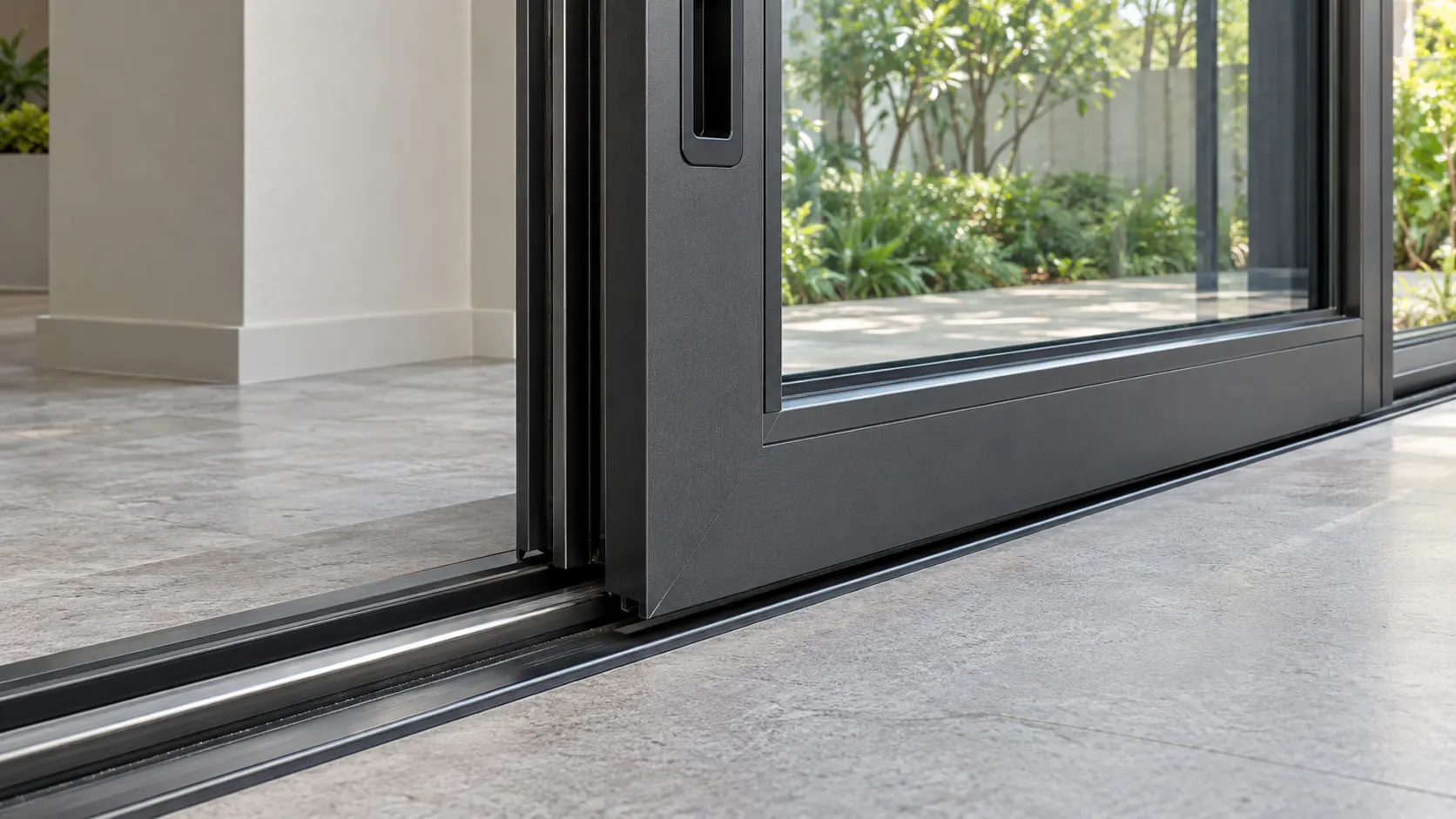Close-up of a charcoal aluminium sliding frame showing the recessed handle, glass gasket and lower tracks