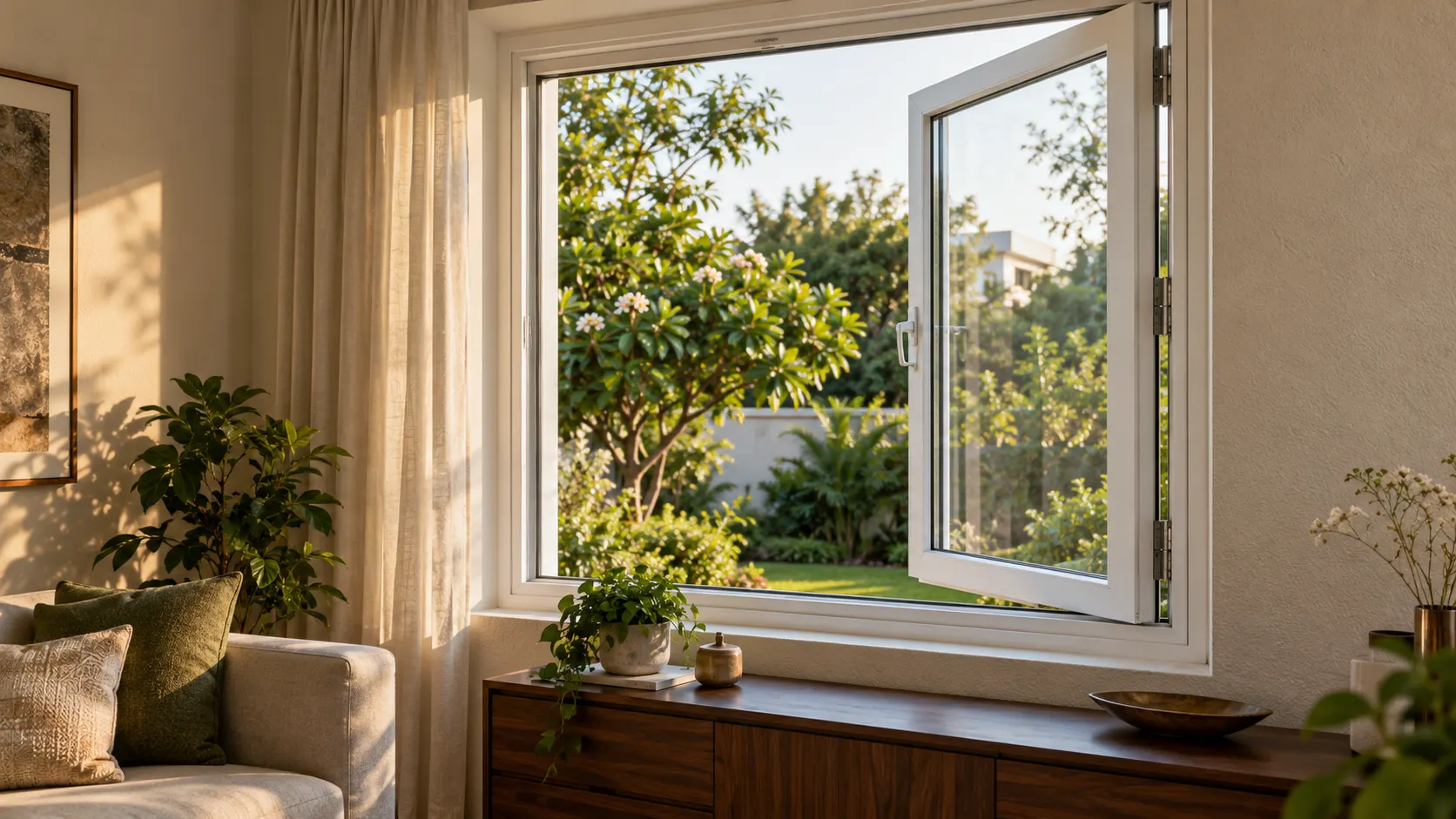 Casement window: “Open white uPVC casement window beside linen curtains in a sunlit living room.”