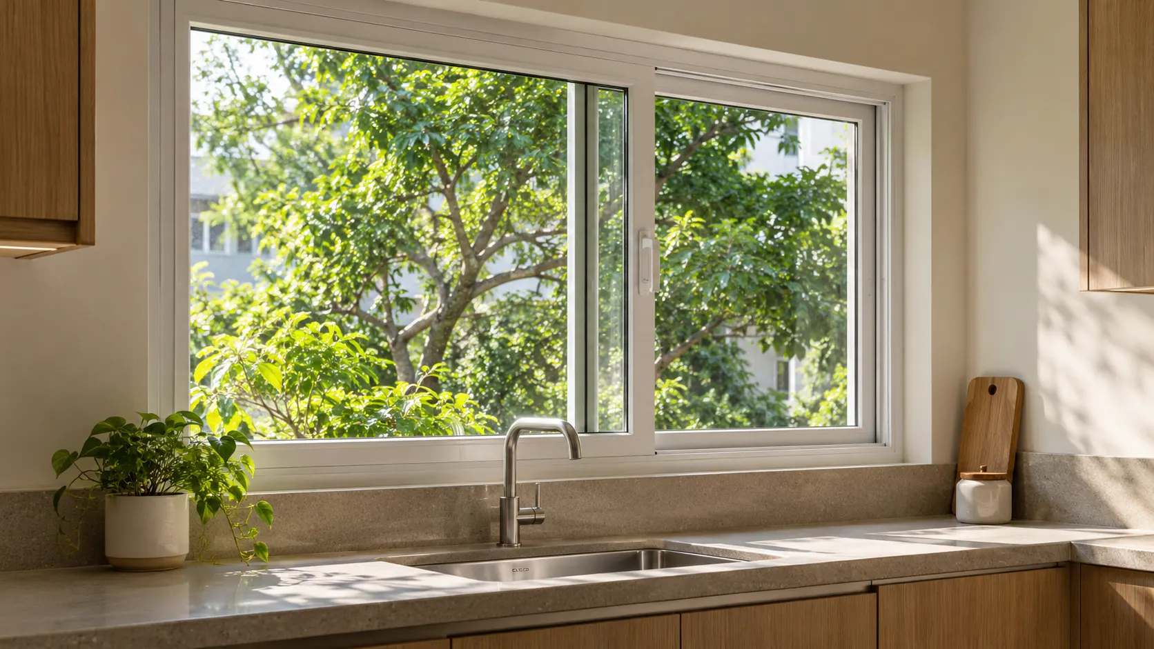 Kitchen sliding window: “White uPVC sliding window above a kitchen sink with a view of green trees.”