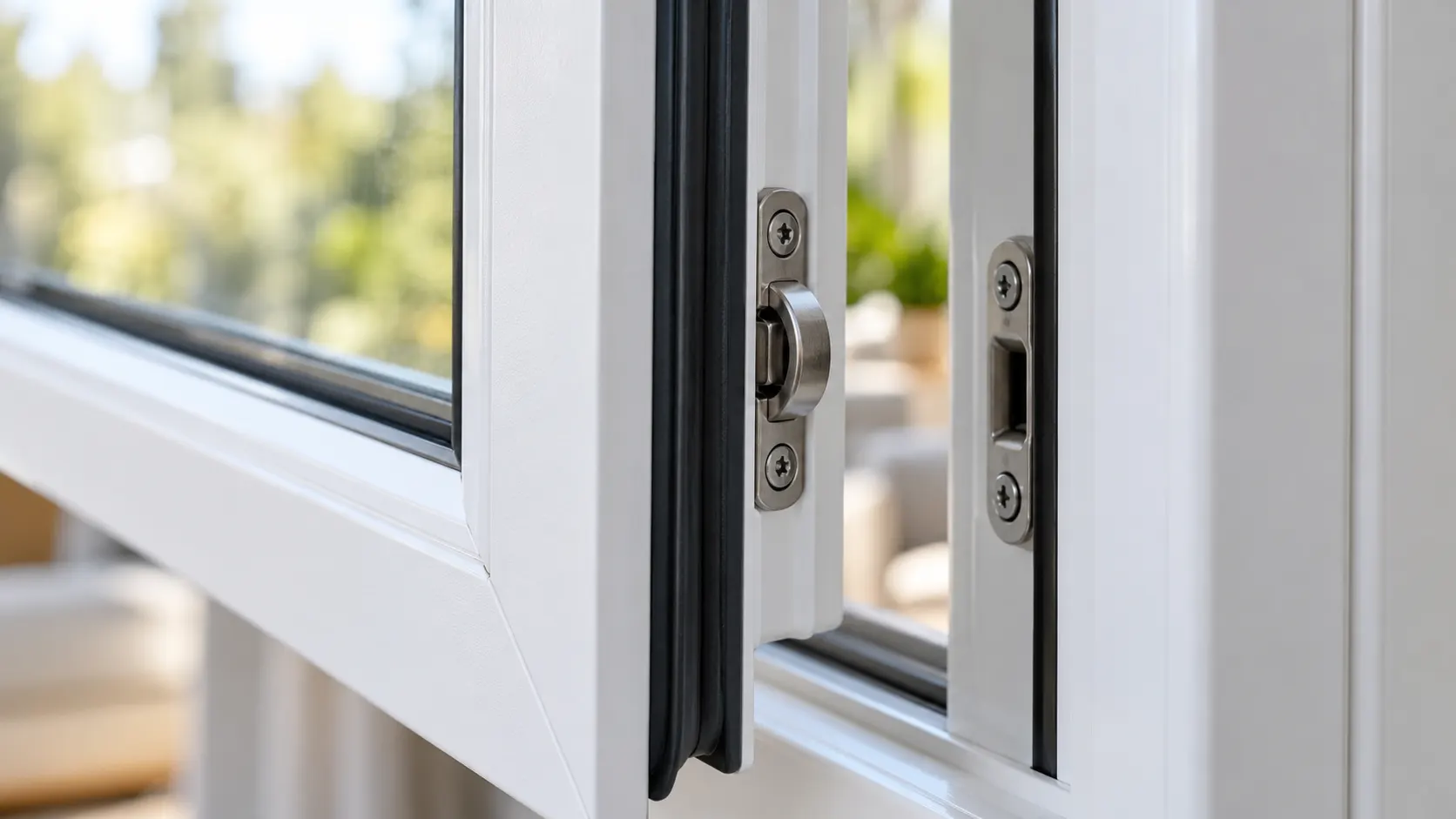 1. Seals and hardware: “Close-up of a uPVC window’s black gasket, metal locking hardware and frame.”