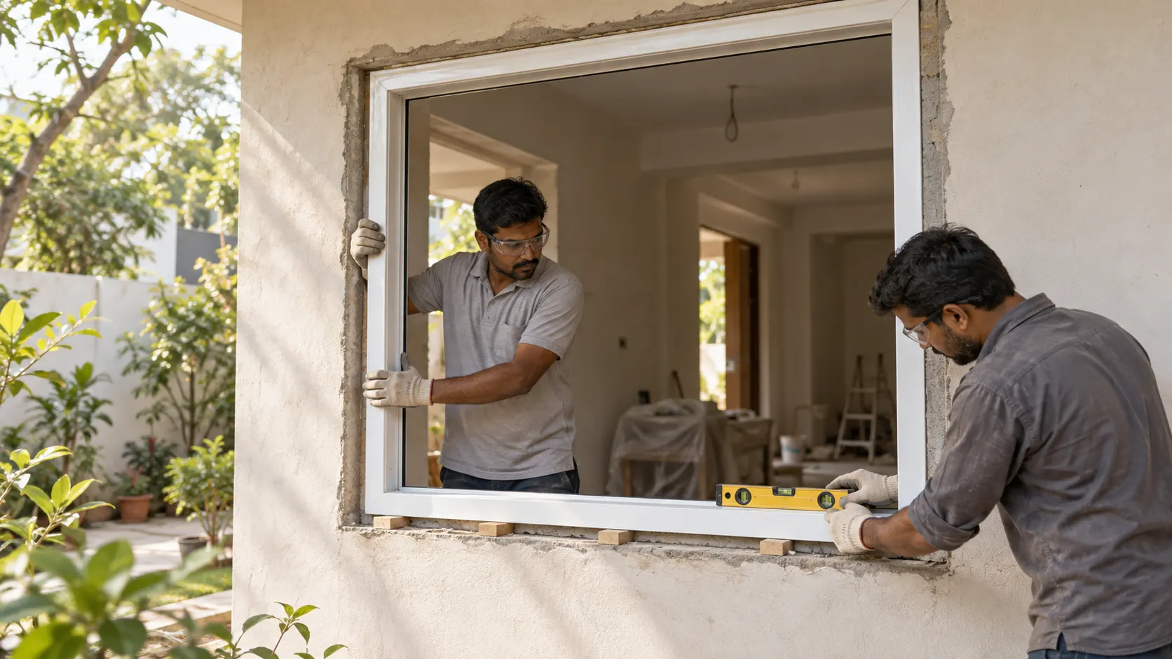 White uPVC casement window and glazed balcony door with coordinated silver handles.