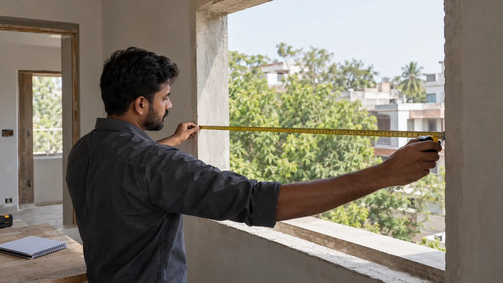 Surveyor measuring the width of an empty window opening with a tape measure.