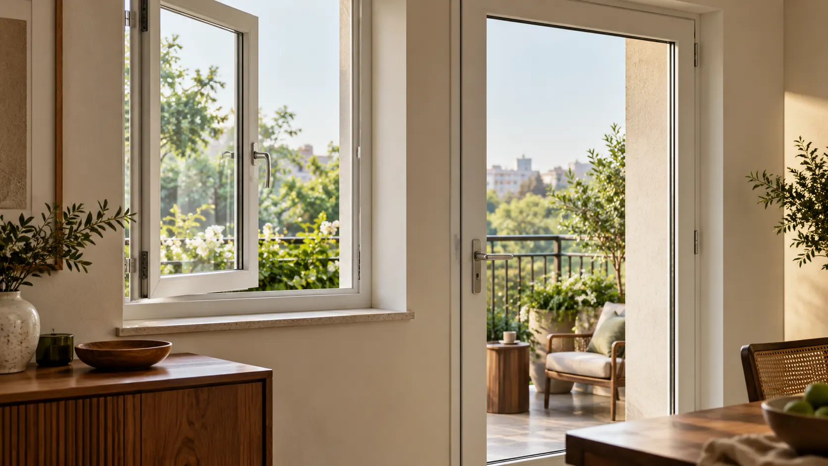 1. Two installers positioning a white uPVC window frame and checking its level before glazing.